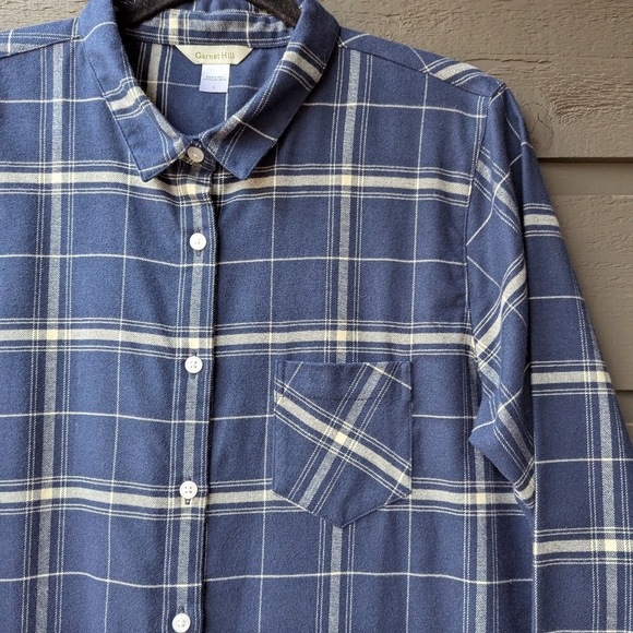 NWOT Garnet Hill Navy Blue Peruvian Cotton Plaid Midi Shirt Dress Size Large - Picture 3 of 9